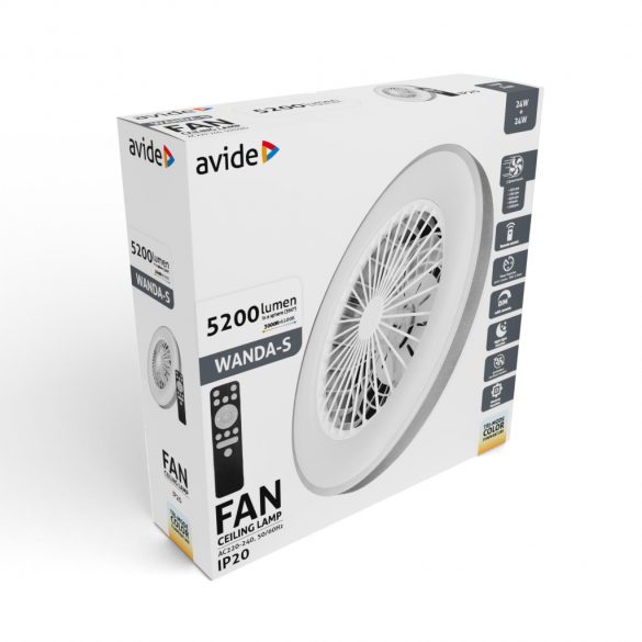 AVIDE WANDA VENTILÁTOR MENNYEZETI AFCLCCT-48W-15W-WAS EZÜST  (48637)